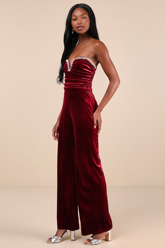 Lulus Fabulous Instinct Burgundy Velvet Pearl Strapless Jumpsuit In Burgundy