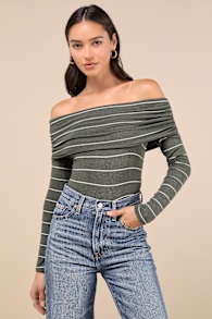 Sweetest Concept Olive Striped Off-the-Shoulder Sweater Top 1