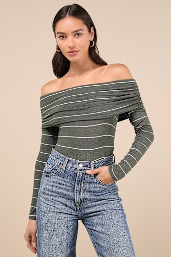 Sweetest Concept Olive Striped Off-the-Shoulder Sweater Top 1