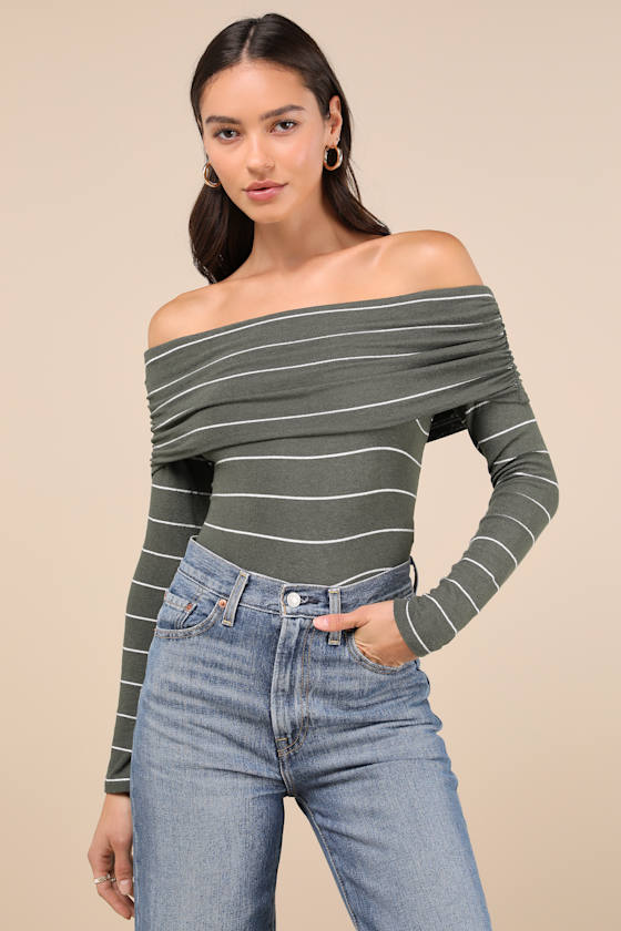 Sweetest Concept Olive Striped Off-the-Shoulder Sweater Top 1