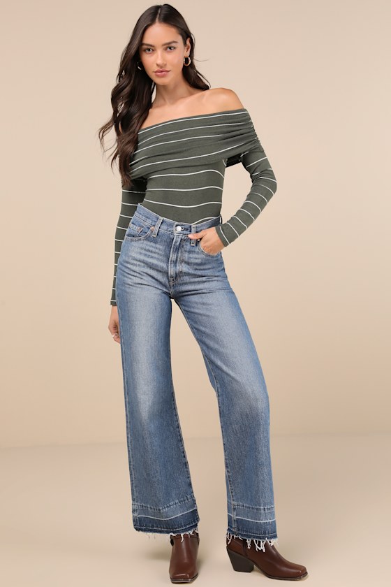 Lulus Sweetest Concept Olive Striped Off-the-shoulder Sweater Top In Green