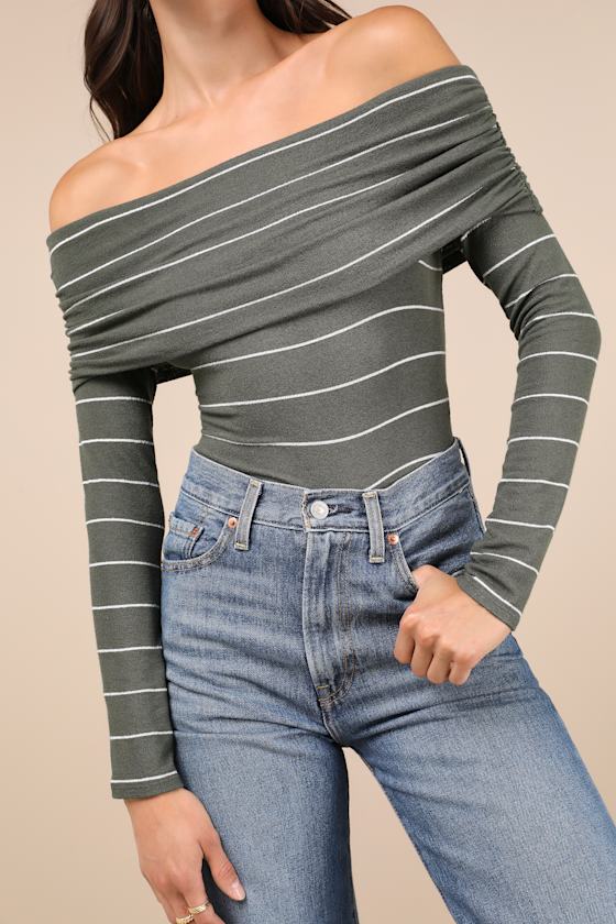 Lulus Sweetest Concept Olive Striped Off-the-shoulder Sweater Top In Green