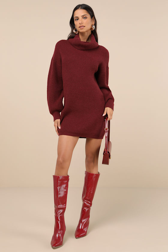 Casual Coziness Burgundy Waffle Knit Cowl Neck Sweater Dress 2