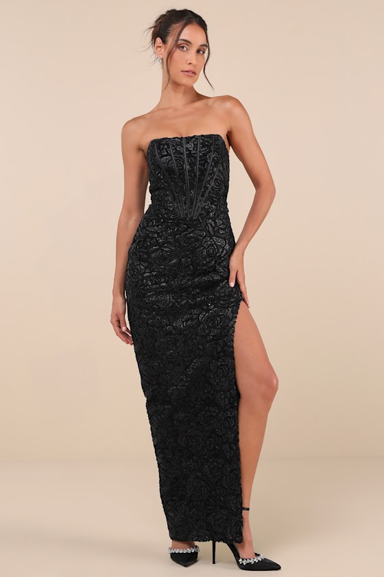 black bustier maxi dress Strapless Black Beaded Short Cocktail Dress with Bow – FancyVestido main image 0