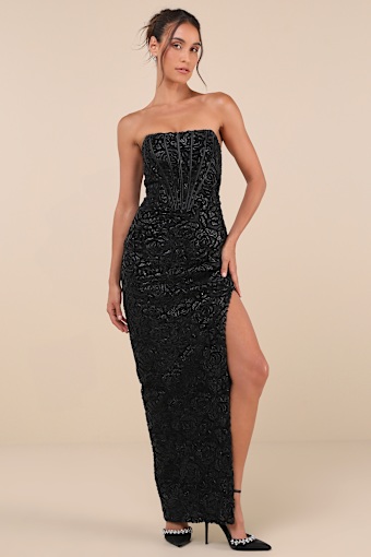 Stately Aura Black Mesh Velvet Strapless Bustier Maxi Dress 1