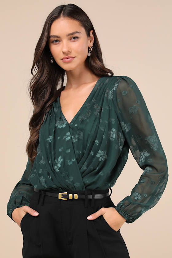 Lulus Dreaming Of Delight Green Burnout Surplice Pleated Bodysuit