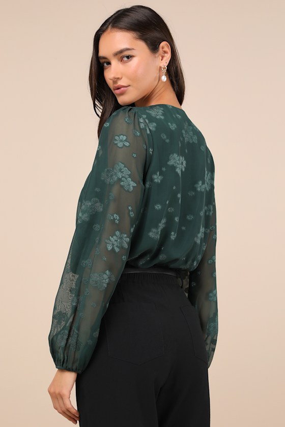 Lulus Dreaming Of Delight Green Burnout Surplice Pleated Bodysuit In Green