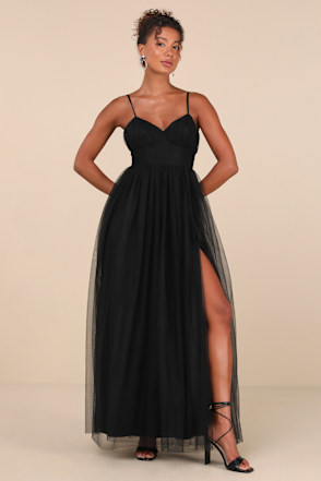 black tulle maxi dress A-line Black Tulle Long Evening Prom Dresses, Deep V Neck Halter Custom Prom Dress, MR8192