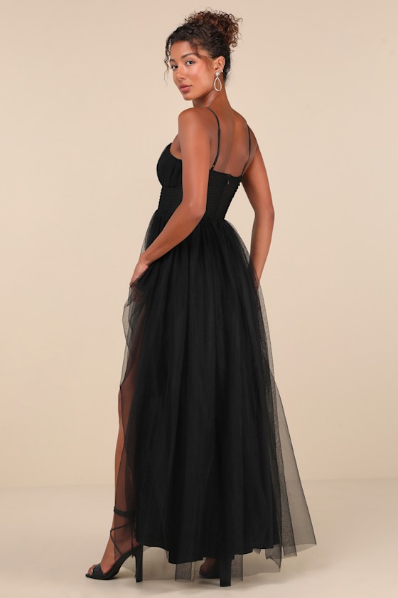 Lulus Convincingly Graceful Black Tulle Sleeveless Maxi Dress In Black