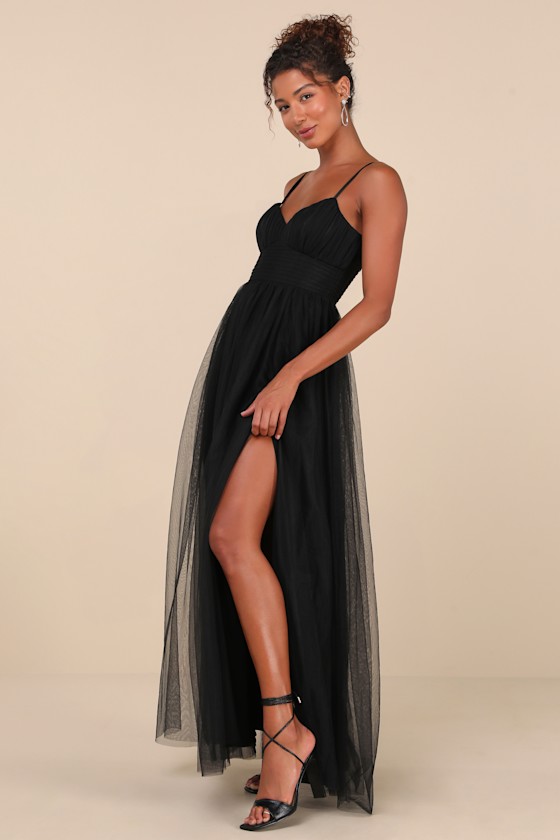 Lulus Convincingly Graceful Black Tulle Sleeveless Maxi Dress In Black