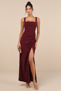 Glamorous Disposition Burgundy Ruched Maxi Dress 1