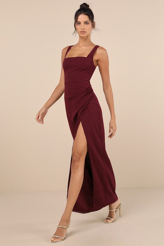 Lulus Glamorous Disposition Burgundy Ruched Maxi Dress In Burgundy