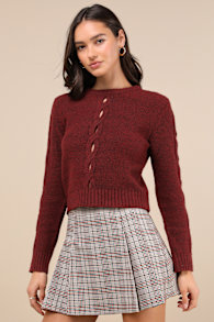 Cutout for Winter Burgundy Marled Cable Knit Cutout Sweater 5
