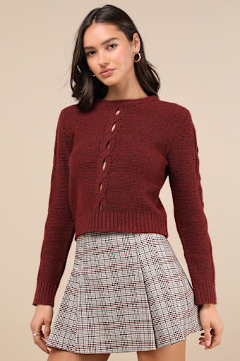 Cutout for Winter Burgundy Marled Cable Knit Cutout Sweater 5