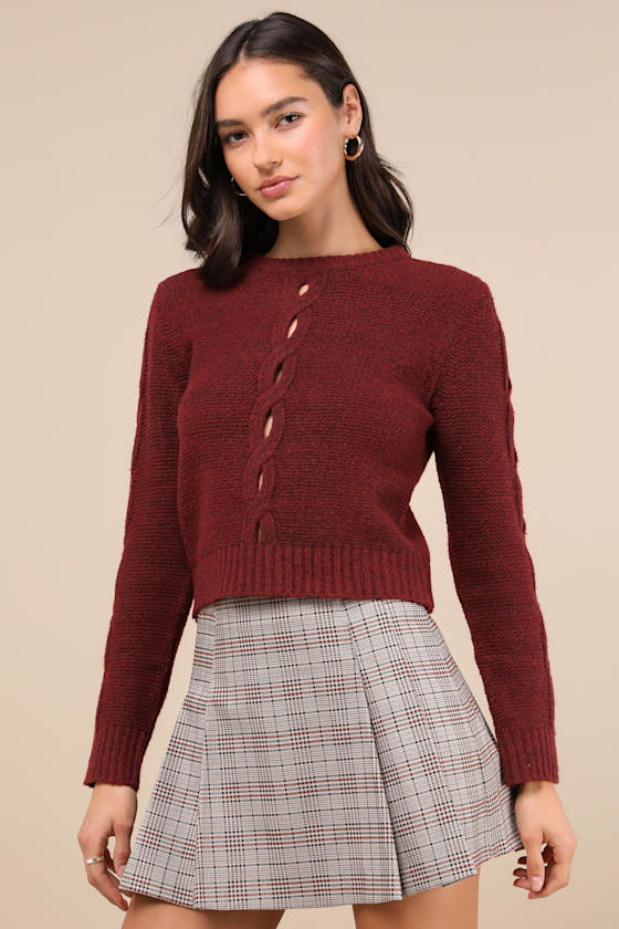Cutout for Winter Burgundy Marled Cable Knit Cutout Sweater 5