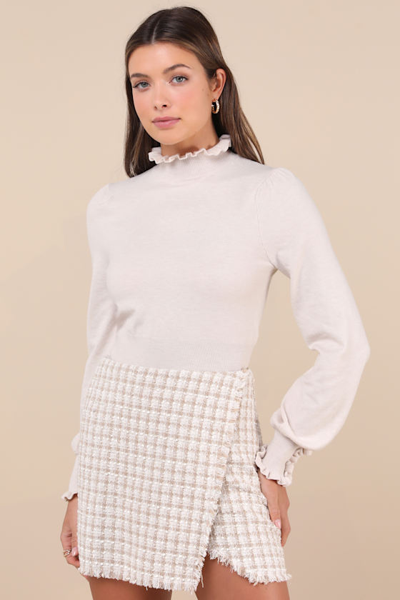 Charismatic Comfort Beige Ruffled Long Sleeve Sweater Top 1