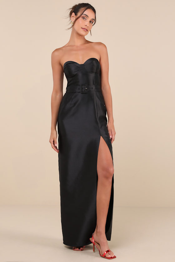 Luxe Sweetie Black Taffeta Belted Strapless Maxi Dress 4