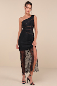 Sensational Flirt Black Sheer Lace One-Shoulder Maxi Dress 1