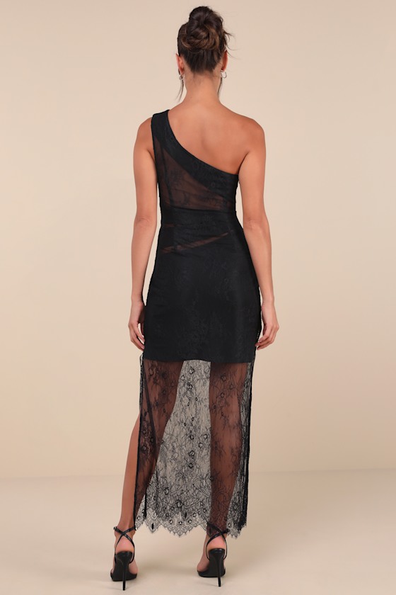 Sensational Flirt Black Sheer Lace One-Shoulder Maxi Dress 3