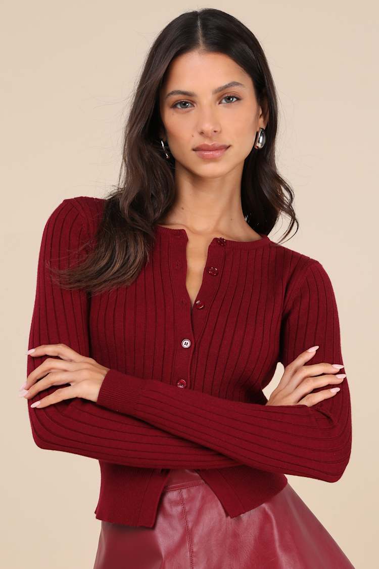 Burgundy Ribbed Knit Sweater - Cardigan Sweater - Fitted Cardigan - Lulus