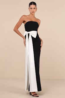 Dramatic Stunner Navy Velvet Bow Strapless Maxi Dress