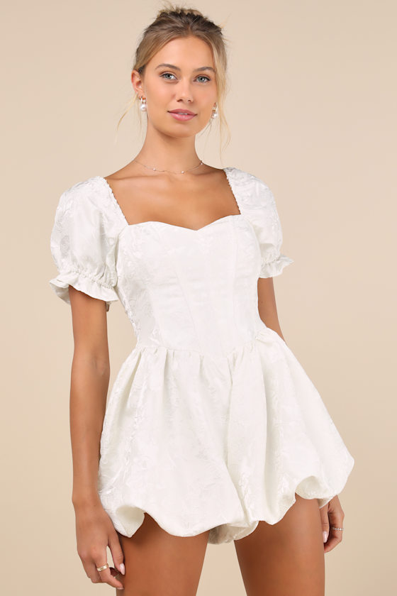 Ivory Romper - Bubble-Hem Romper - Floral Jacquard Romper
