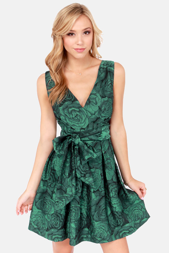 green brocade dress