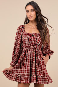 Autumn Perfection Red Plaid Mini Dress With Pockets 1