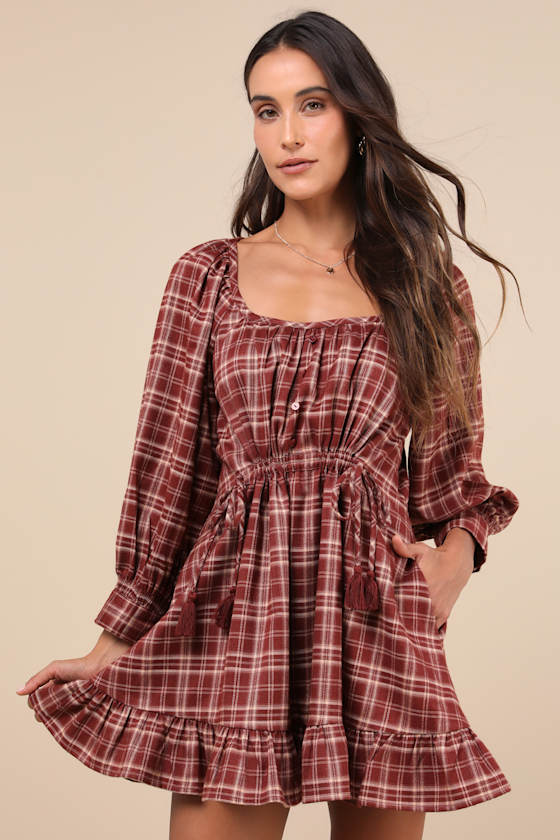 Autumn Perfection Red Plaid Mini Dress With Pockets 1