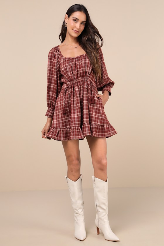 Lulus Autumn Perfection Red Plaid Mini Dress With Pockets In Red