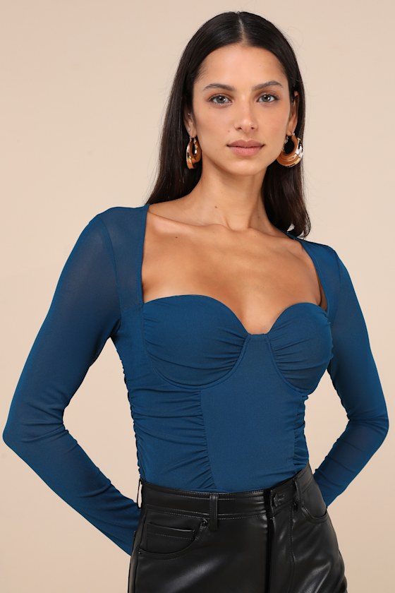 Image of Coy Cutie Teal Blue Mesh Bustier Long Sleeve Crop Top