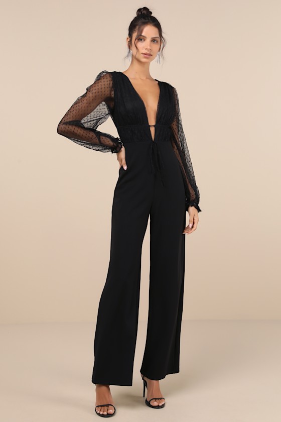 Sweet Twist Black Swiss Dot Tulle Long Sleeve Jumpsuit 1