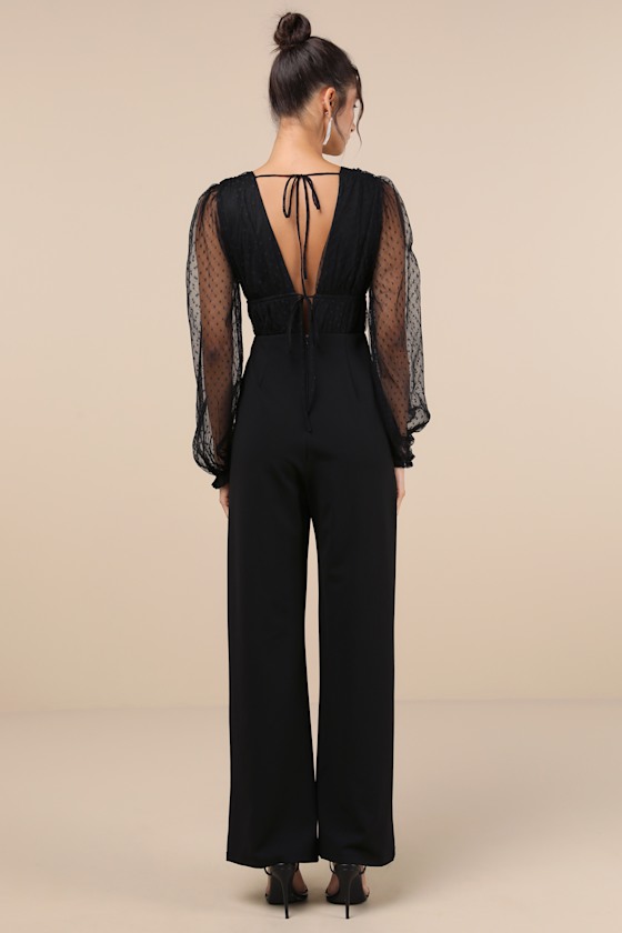 Lulus Sweet Twist Black Swiss Dot Tulle Long Sleeve Jumpsuit In Black