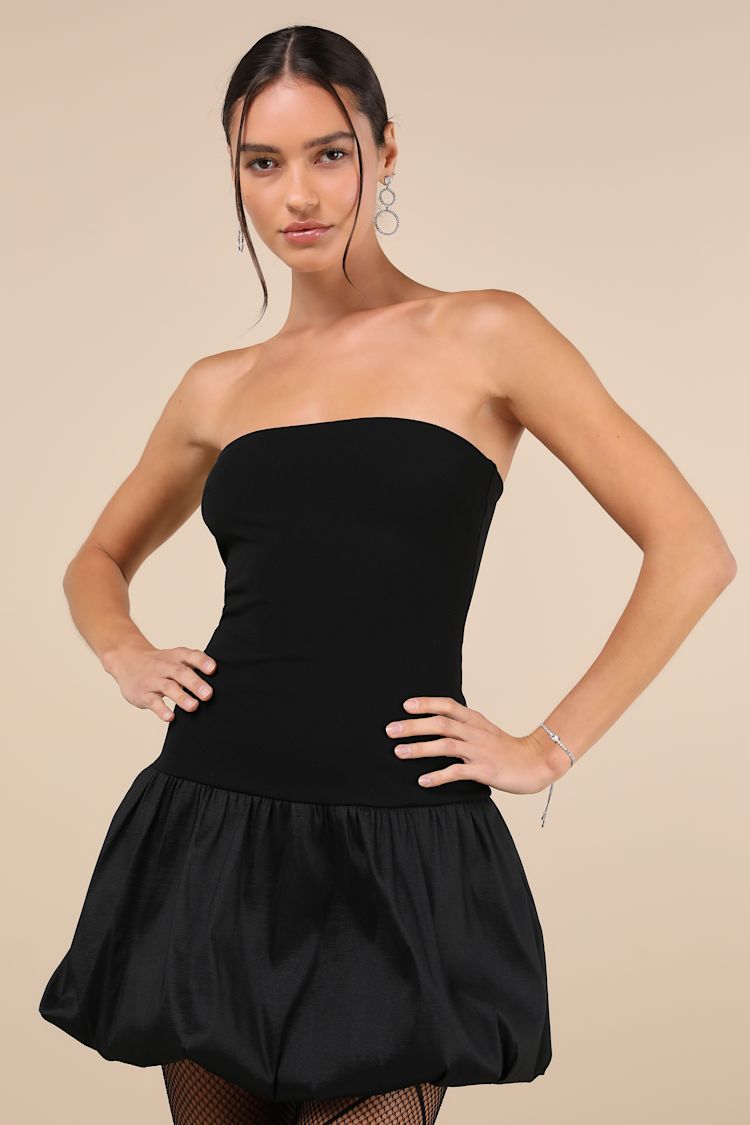 Defined Chicness Black Strapless Bubble-Hem Mini Dress