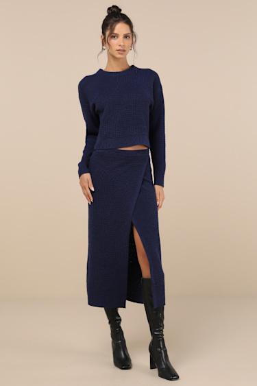 Autumn Sweetheart Navy Blue Waffle Knit Two-Piece Sweater Dress