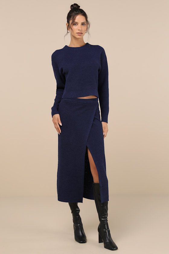 Autumn Sweetheart Navy Blue Waffle Knit Two-Piece Sweater Dress 1