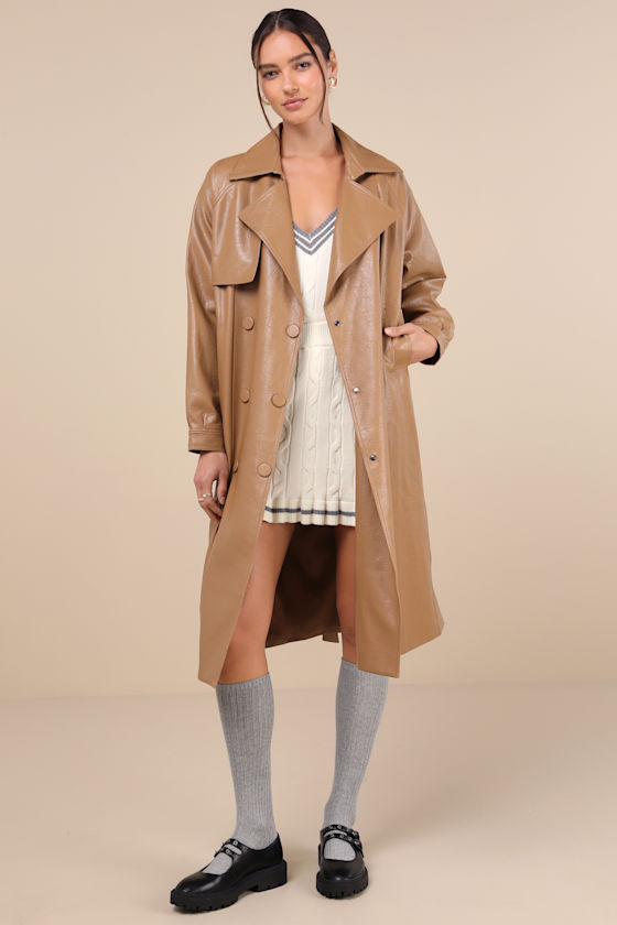 Seasonally Posh Tan Vegan Leather Trench Coat 1