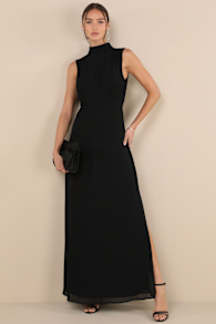 Classic Elegance Black Chiffon Sleeveless Mock Neck Maxi Dress 5