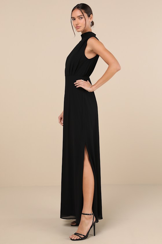 Lulus Classic Elegance Black Chiffon Sleeveless Mock Neck Maxi Dress In Black
