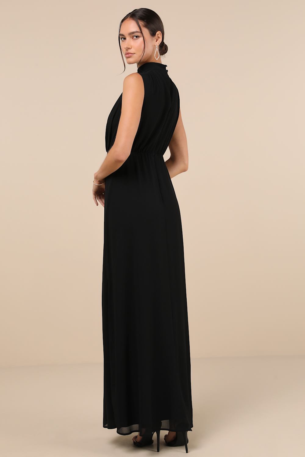 Classic Elegance Black Chiffon Sleeveless Mock Neck Maxi Dress