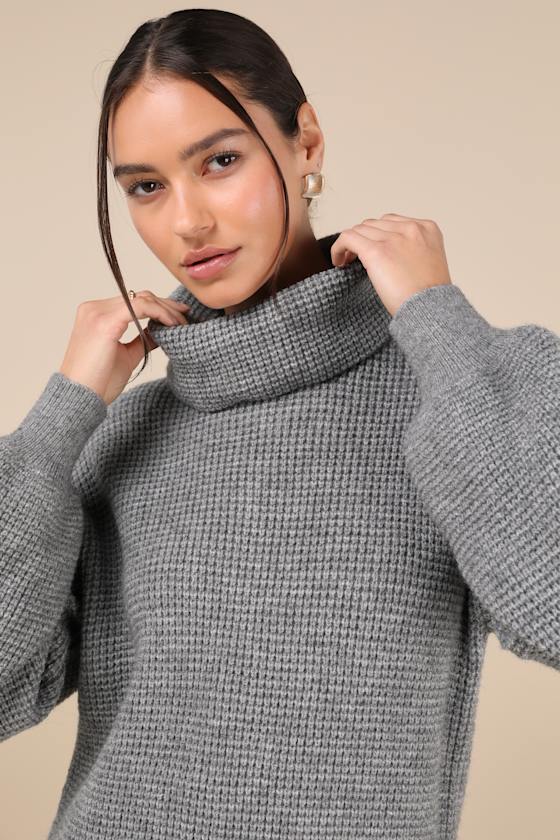 Lulus Casual Coziness Grey Waffle Knit Cowl Neck Sweater Dress