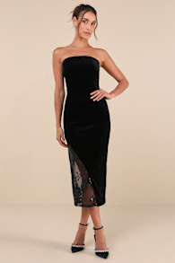 Feeling So Luxe Black Velvet Mesh Sequin Strapless Midi Dress 2