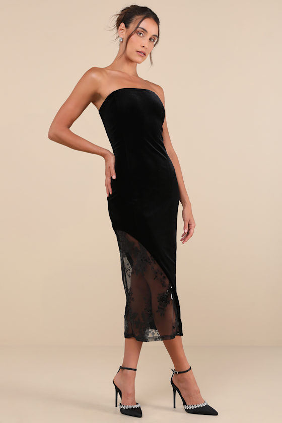 Lulus Feeling So Luxe Black Velvet Mesh Sequin Strapless Midi Dress In Black