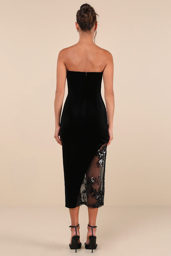 Feeling So Luxe Black Velvet Mesh Sequin Strapless Midi Dress 5