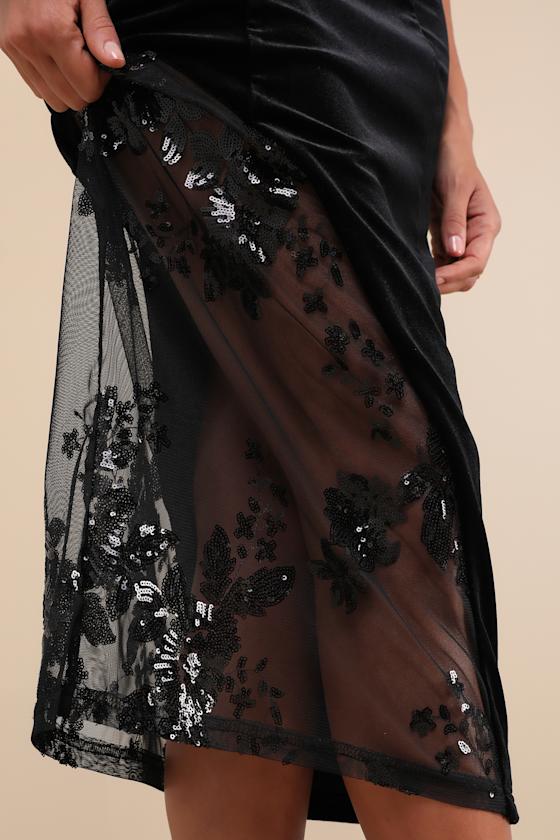 Lulus Feeling So Luxe Black Velvet Mesh Sequin Strapless Midi Dress In Black