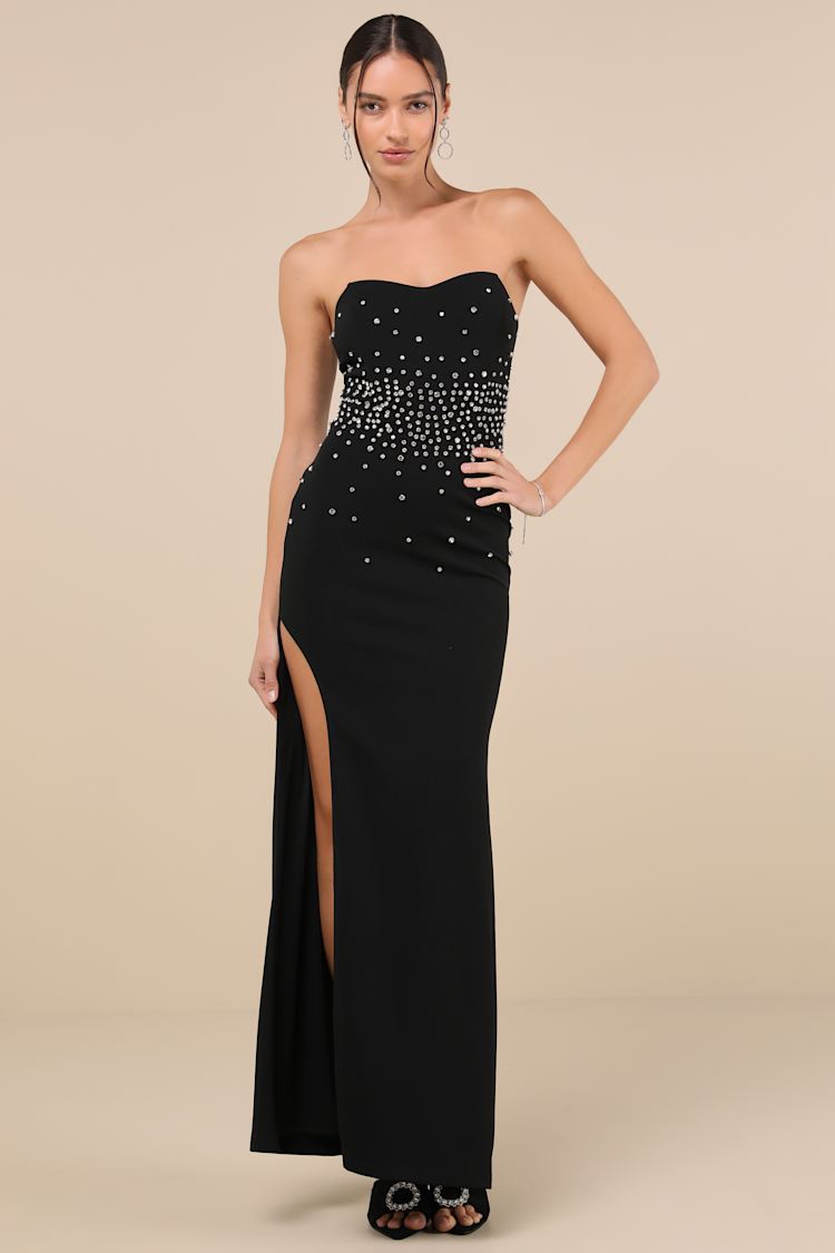 Black Rhinestone Dress - Strapless Maxi Dress - Bustier Dress - Lulus