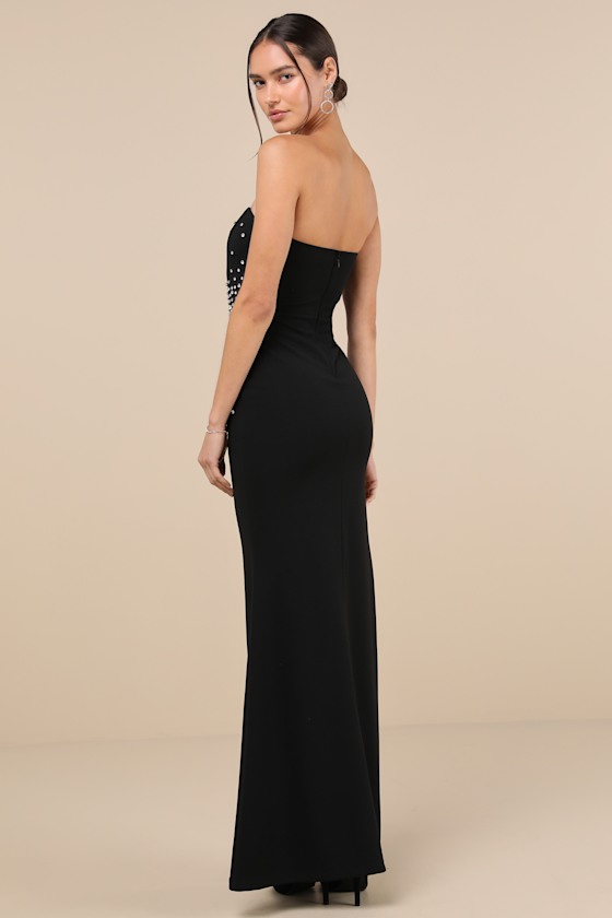 Opulent Muse Black Rhinestone Strapless Bustier Maxi Dress 3