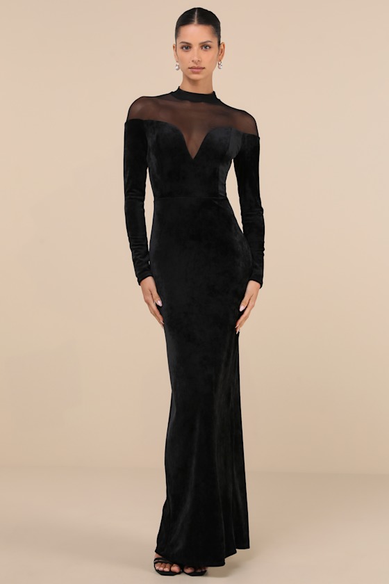 Image of Exemplary Allure Black Velvet Mock Neck Long Sleeve Maxi Dress