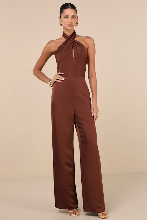 Lulus Beyond Classy Brown Satin Halter Wide-leg Jumpsuit In Brown