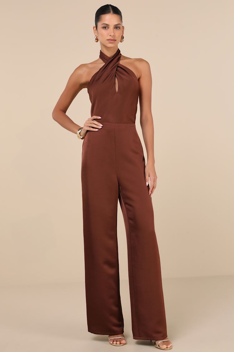 Brown Satin Jumpsuit - Cross-Front Jumpsuit - Backless Jumpsuit